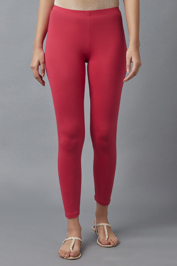 Red Solid Skinny Fit Cotton Tights With Elasticated Waist