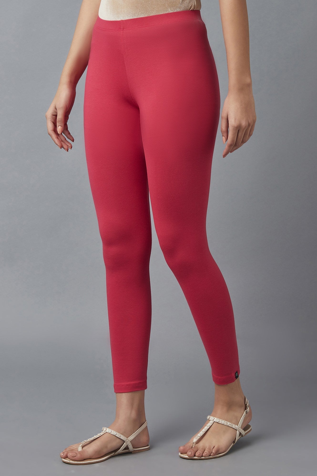 Red Solid Skinny Fit Cotton Tights With Elasticated Waist