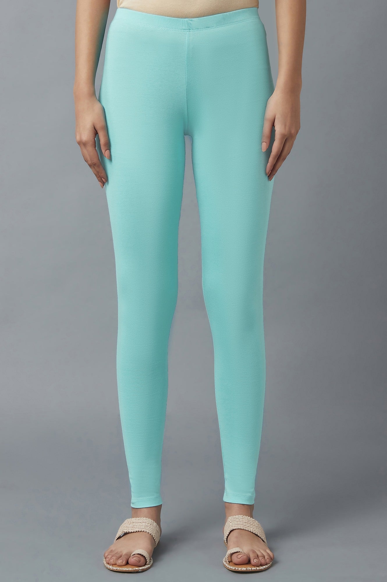 Light Blue Solid Skinny Fit Cotton Tights With Elasticated Waistband