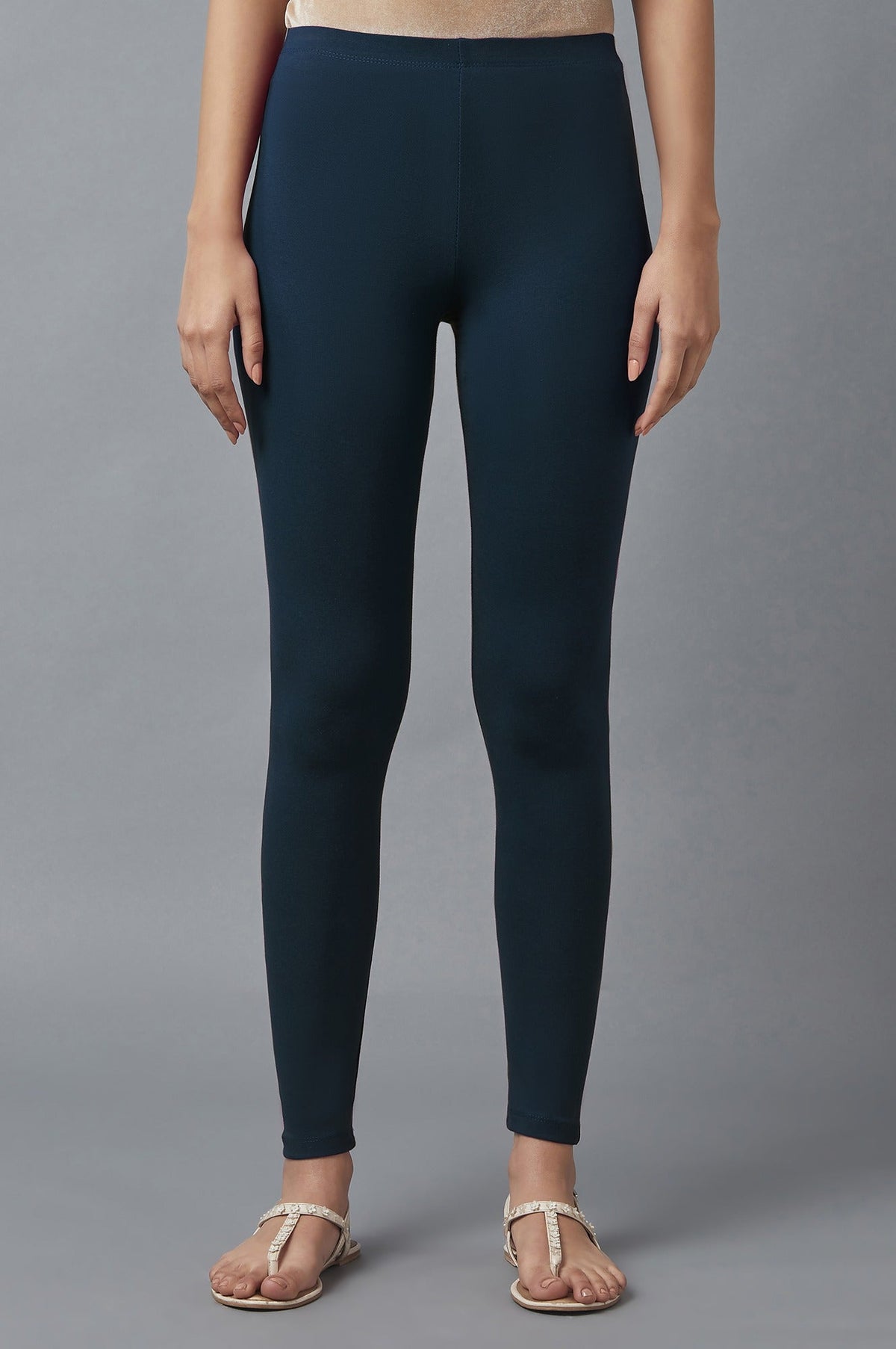 Elleven Women's Navy Blue Solid Skinny Fit Cotton Tights With Elasticated Waistband - XS