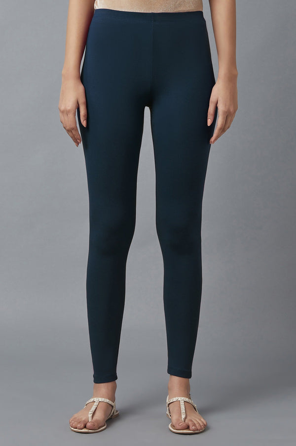 Navy Blue Solid Skinny Fit Cotton Tights With Elasticated Waistband