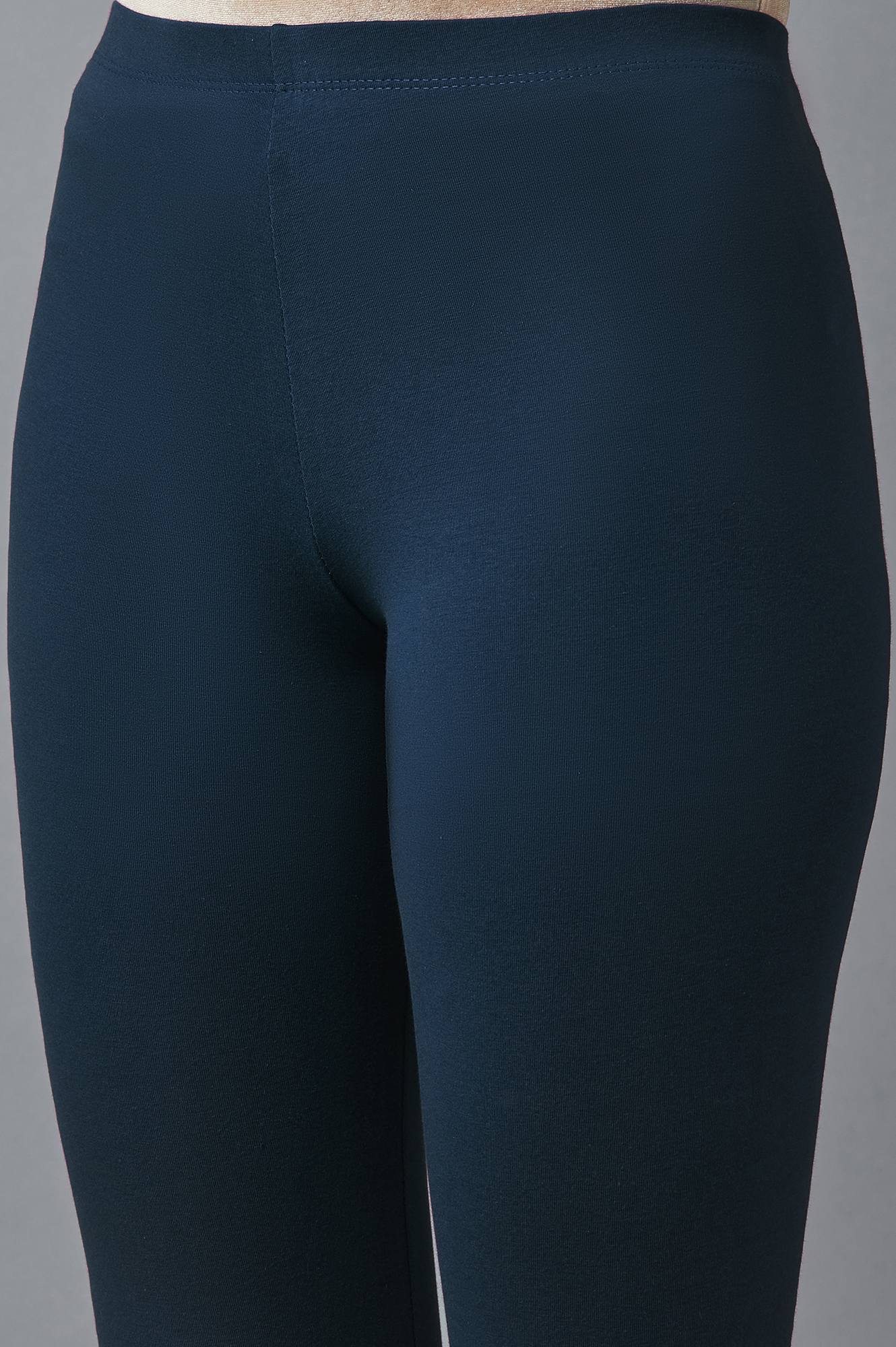 Navy Blue Solid Skinny Fit Cotton Tights With Elasticated Waist