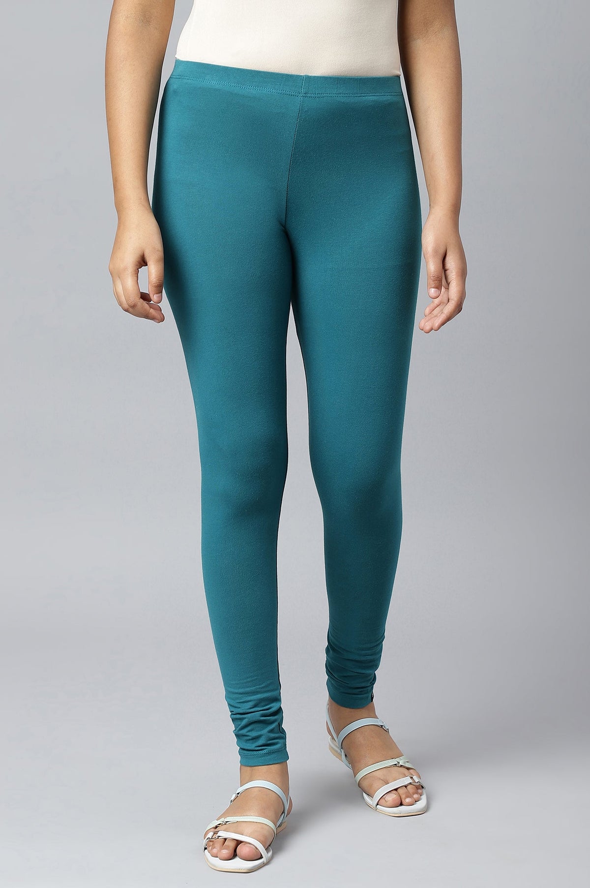 Teal Green Solid Skinny-fit Cotton Tights with Elasticated Waistband - S