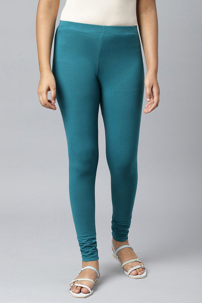 Teal Green Solid Skinny-fit Cotton Tights with Elasticated Waistband