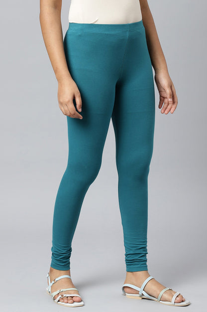 Teal Green Solid Skinny-fit Cotton Tights with Elasticated Waistband