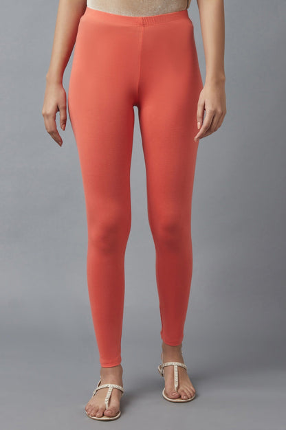 Peach Solid Skinny Fit Cotton Tights With Elasticated Waist