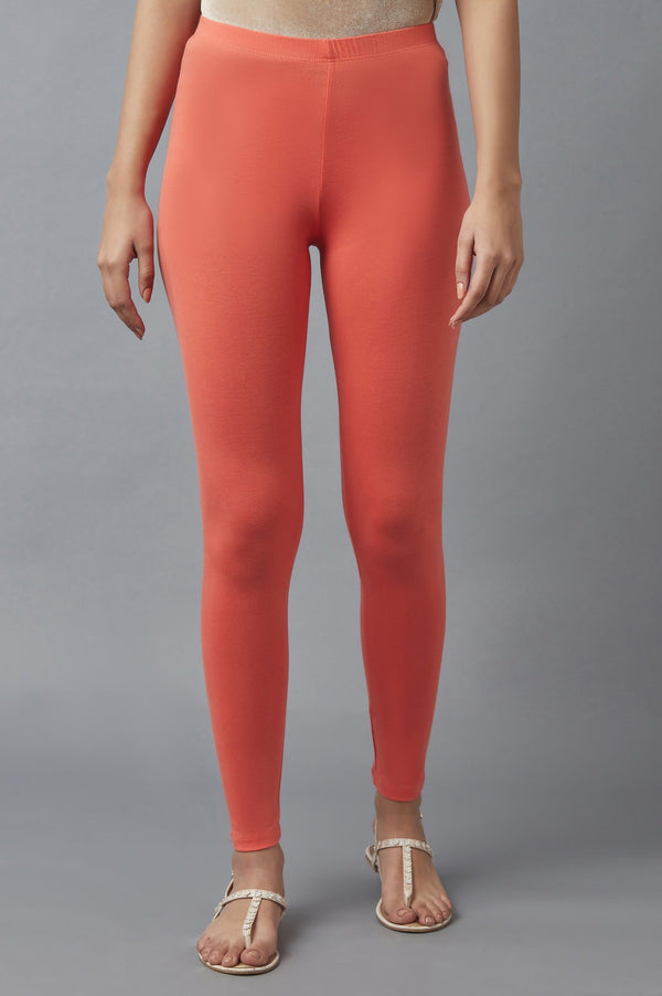 Peach Solid Skinny Fit Cotton Tights With Elasticated Waist