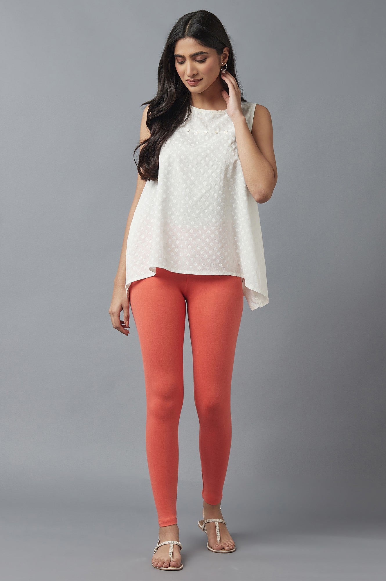 Peach Solid Skinny Fit Cotton Tights With Elasticated Waist