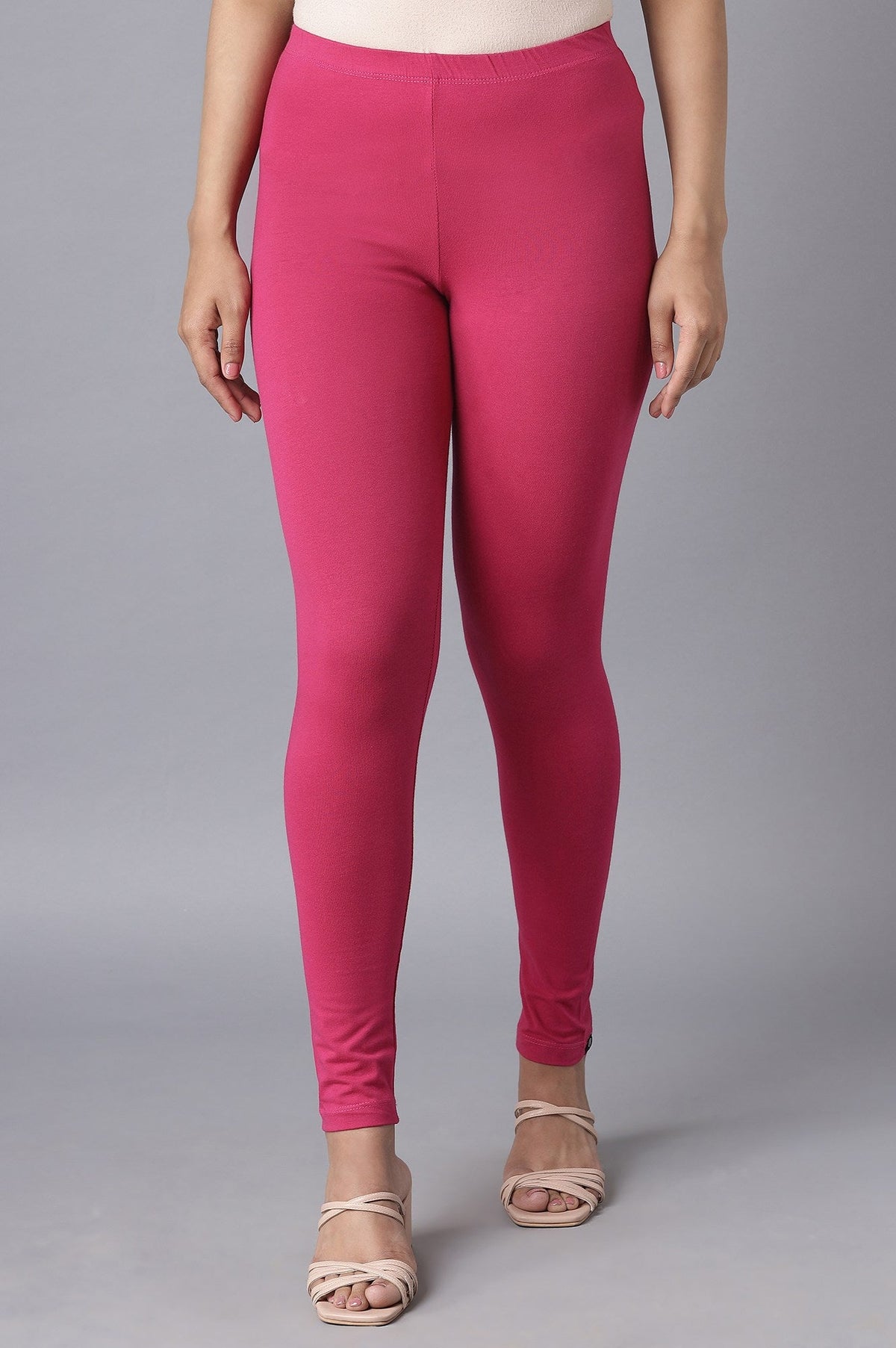 Elleven Women's Pink Solid Skinny Fit Cotton Tights With Elasticated Waist - M