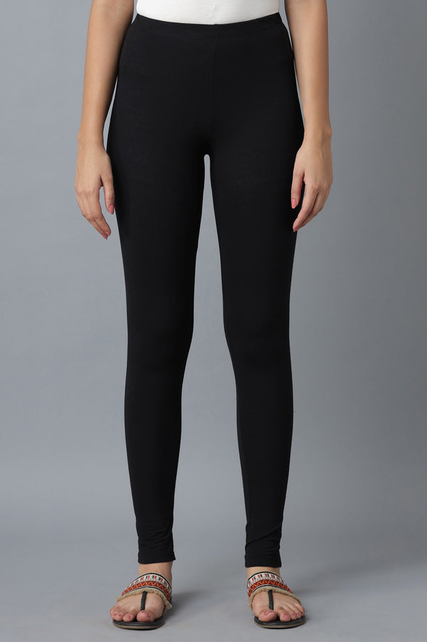 Black Solid Cotton Lycra Skinny Fit Ankle Length High Rise Leggings
