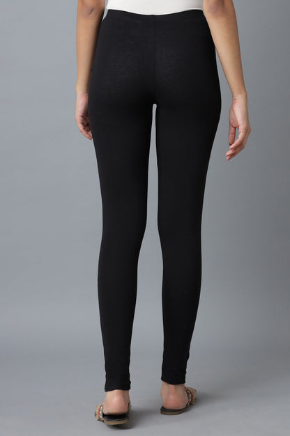 Black Solid Skinny Fit Cotton Tights With Elasticated Waistband
