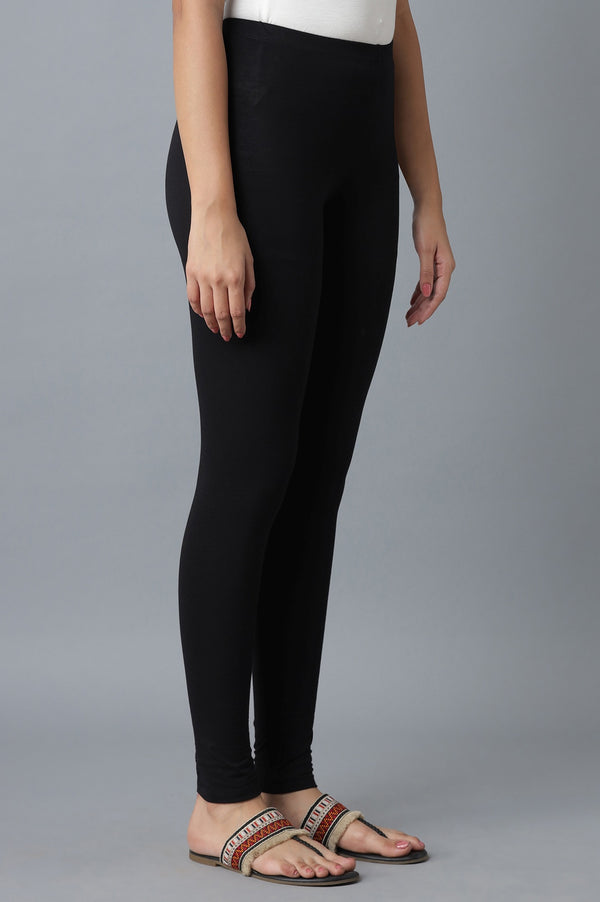 Black Solid Cotton Lycra Skinny Fit Ankle Length High Rise Leggings
