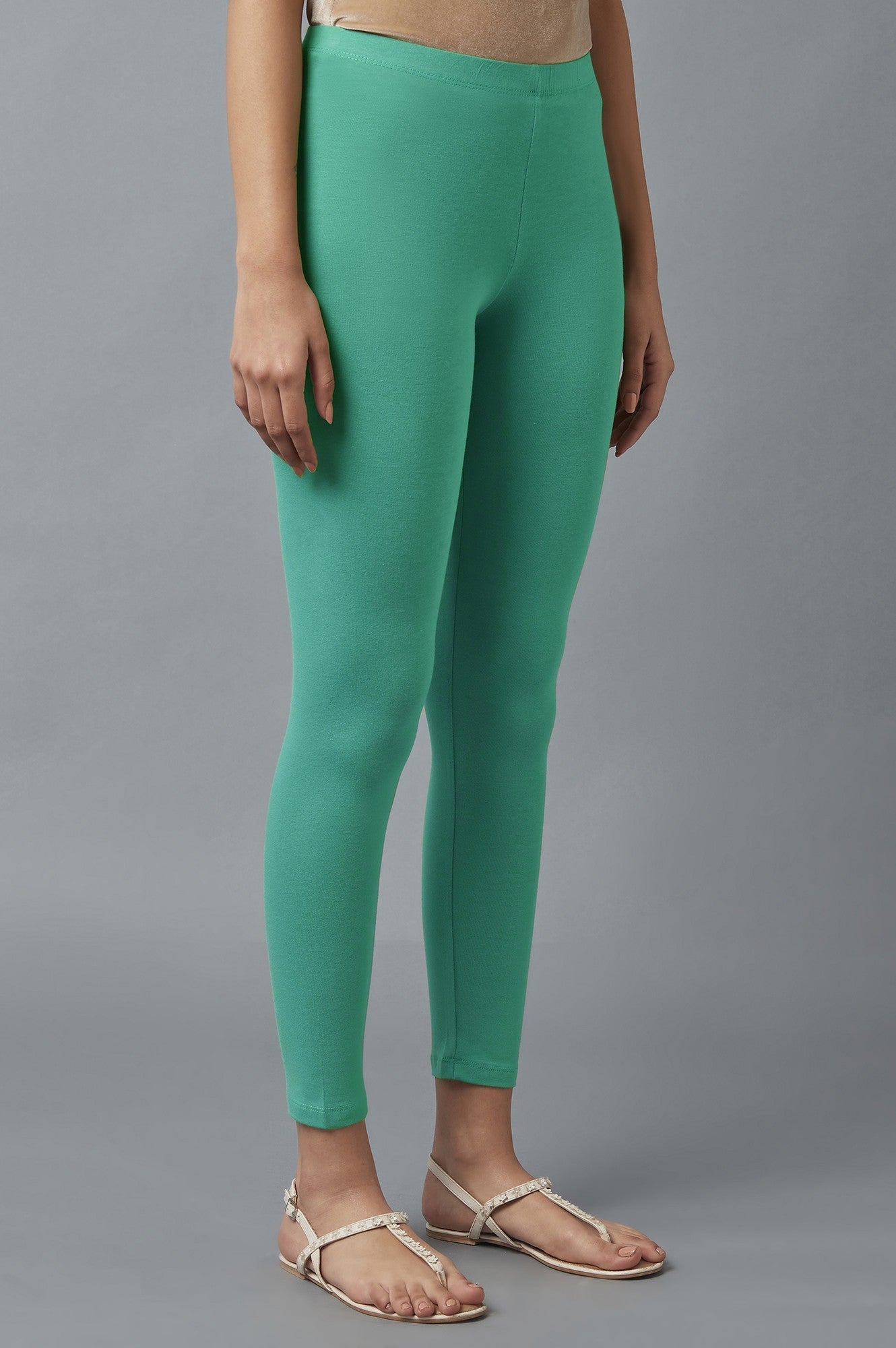 Light Blue Solid Skinny Fit Cotton Tights With Elasticated Waist