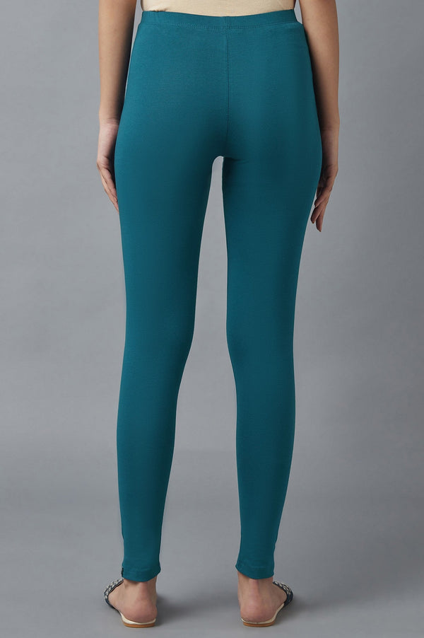 Teal Solid Skinny Fit Cotton Tights With Elasticated Waist