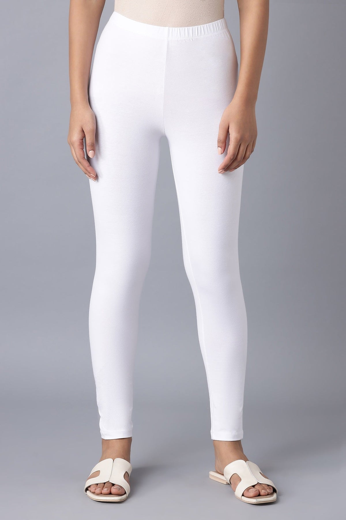 Elleven Women's White Solid Skinny Cotton Tights With Elasticated Waist - M