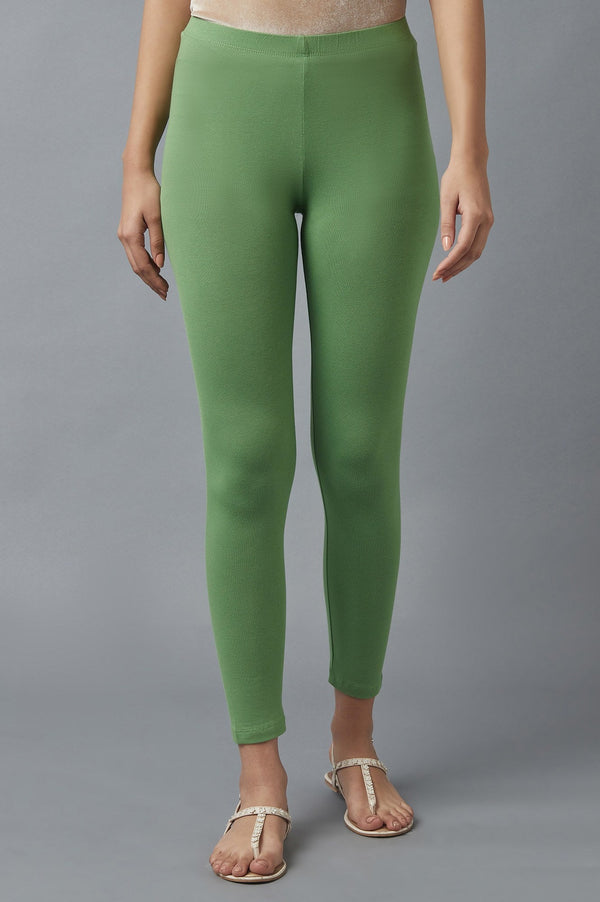 Green Solid Skinny Cotton Tights With Elasticated Waist