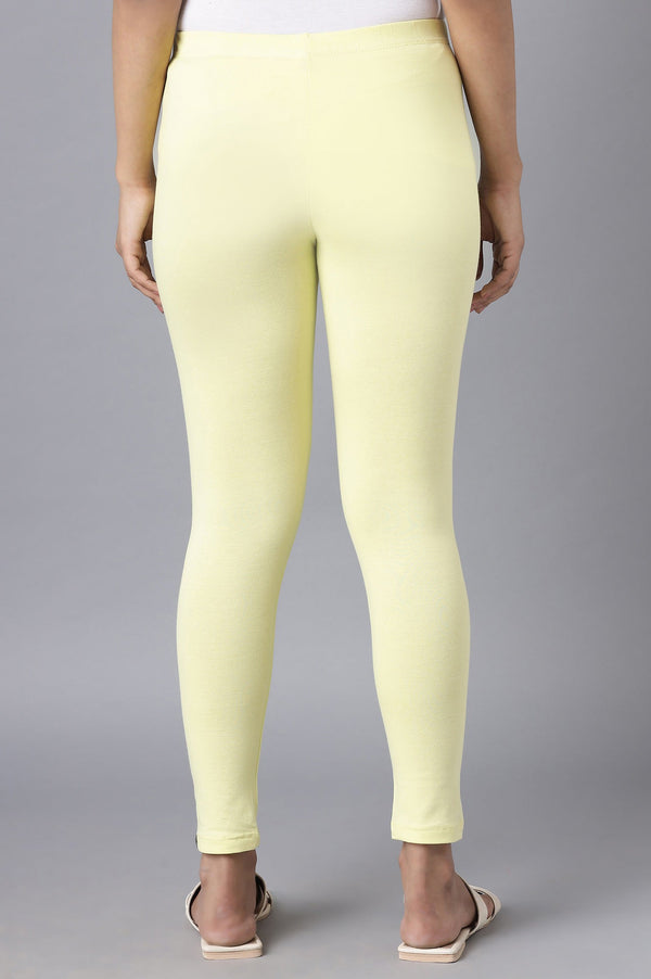 Yellow Solid Skinny Cotton Cropped Tights With Elasticated Waist