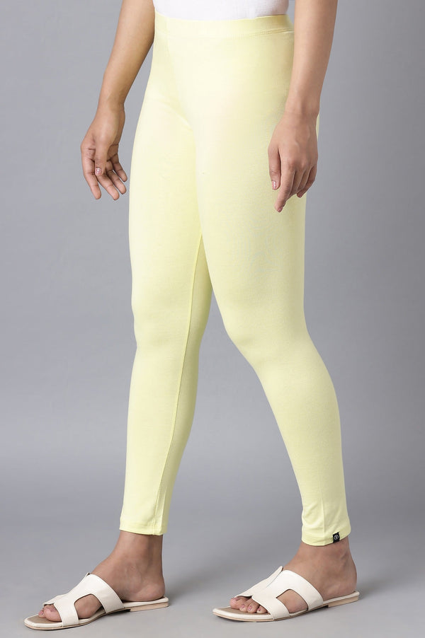 Yellow Solid Skinny Cotton Cropped Tights With Elasticated Waist