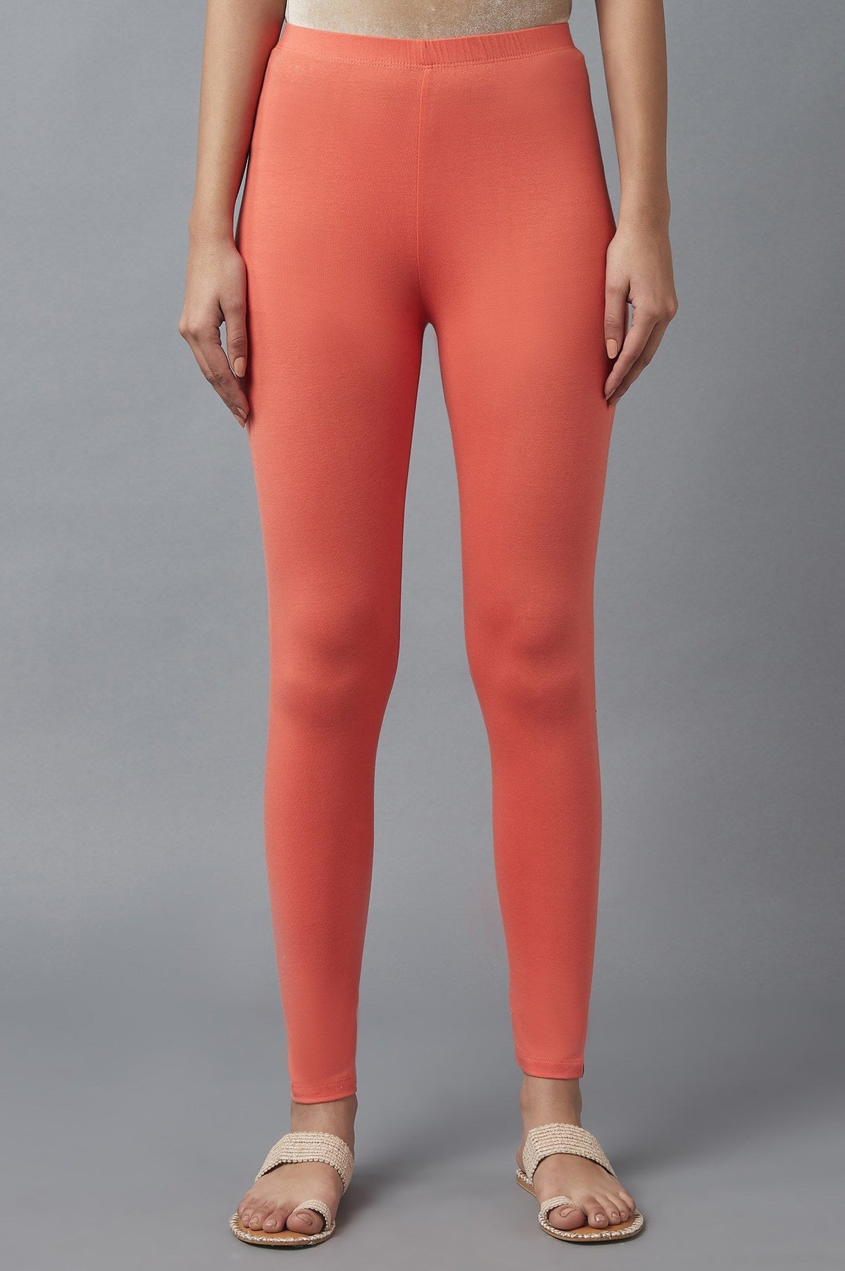 Elleven Women's Peach Solid Skinny Cotton High Waisted Tights - S