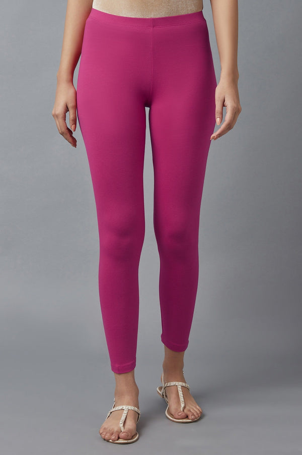 Pink Solid Skinny Cotton Tights With Elasticated Waist
