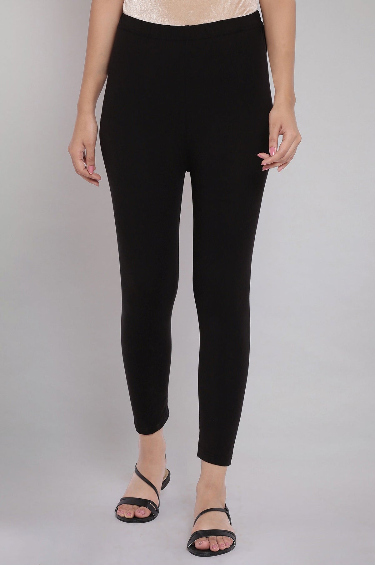 Elleven Women's Black Solid Skinny Fit Cotton Tights With Elasticated Waistband - XS