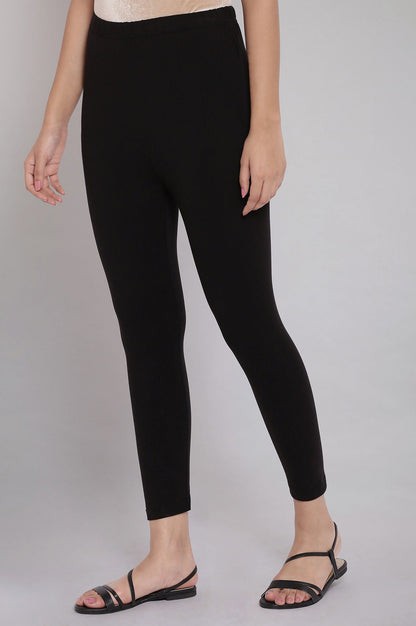 Black Solid Skinny Fit Cotton Tights With Elasticated Waistband