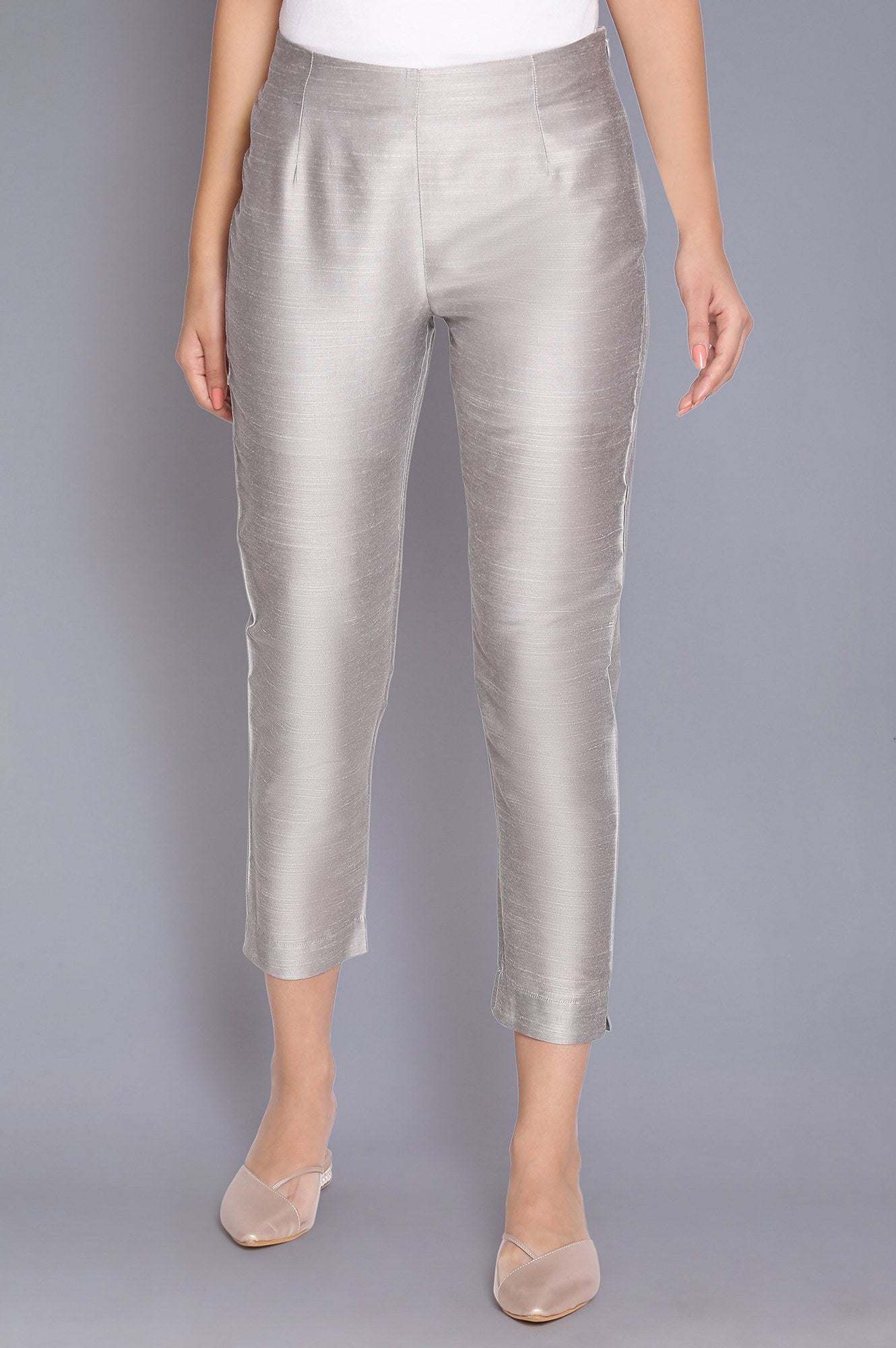 Silver Solid Slim Fit Viscose Trouser
