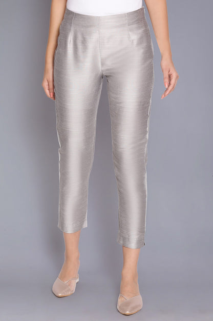 Silver Solid Slim Fit Viscose Trouser