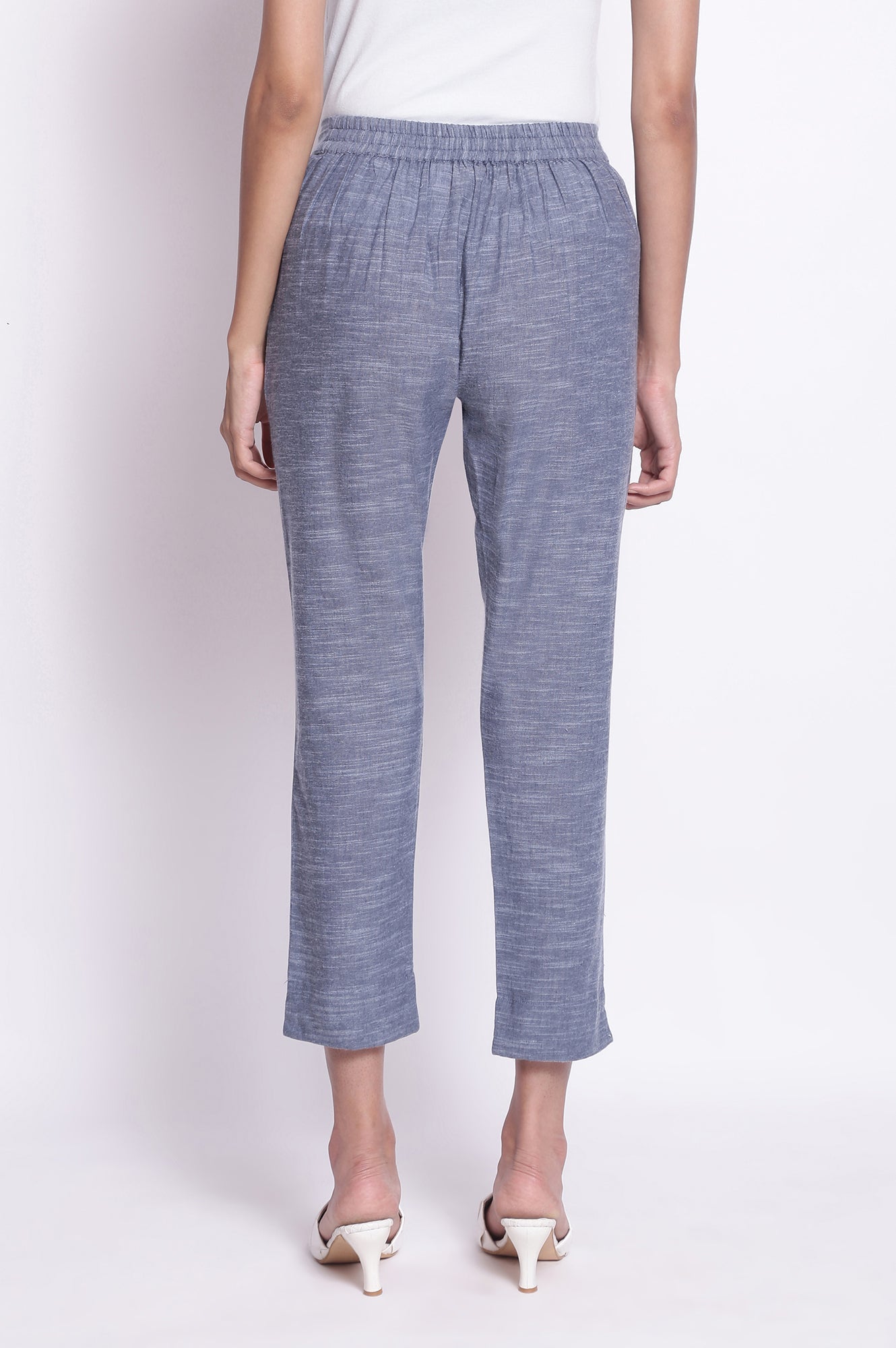 Blue Solid Straight-fit Cotton Pants with Elasticated Waistband