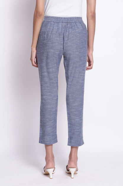 Blue Solid Straight-fit Cotton Pants with Elasticated Waistband