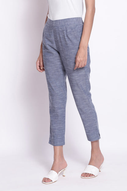 Blue Solid Straight-fit Cotton Pants with Elasticated Waistband