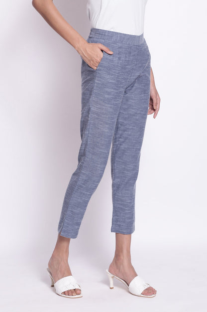 Blue Solid Straight-fit Cotton Pants with Elasticated Waistband