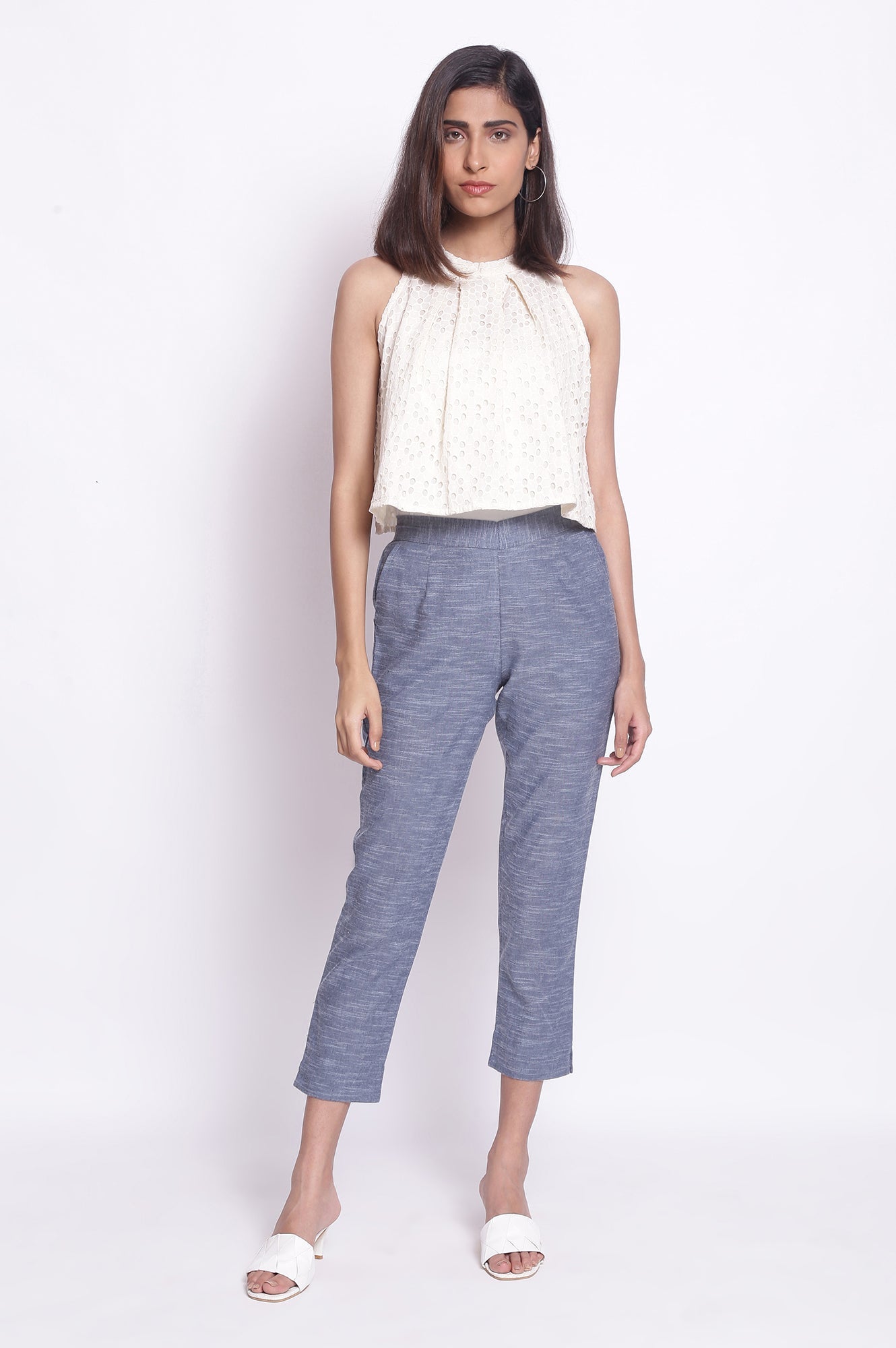 Blue Solid Straight-fit Cotton Pants with Elasticated Waistband