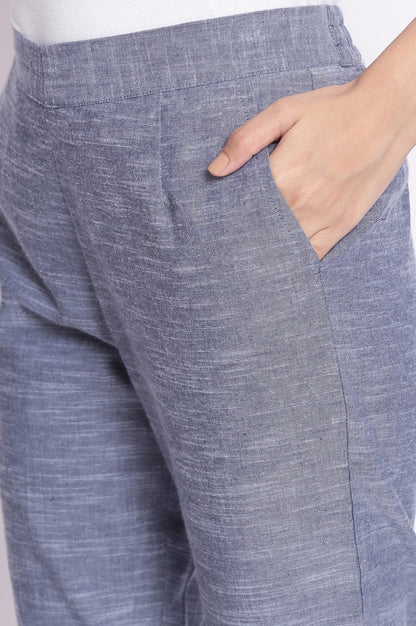 Blue Solid Straight-fit Cotton Pants with Elasticated Waistband