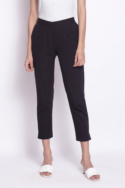 Black Solid Straight Fit Cotton Pants With Elasticated Waistband