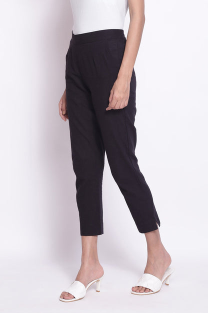Black Solid Straight Fit Cotton Pants With Elasticated Waistband