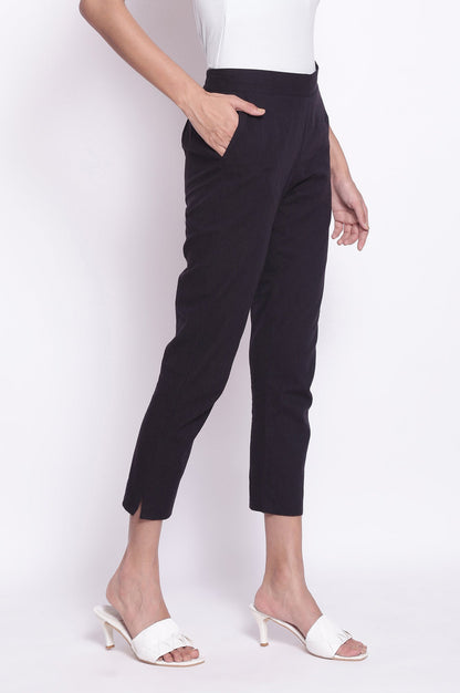 Black Solid Straight Fit Cotton Pants With Elasticated Waistband