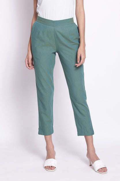 Muted Sage Green Solid Straight Fit Cotton Pants With Elasticated Waistband