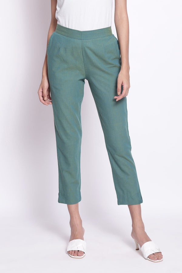Muted Sage Green Solid Straight Fit Cotton Pants With Elasticated Waistband
