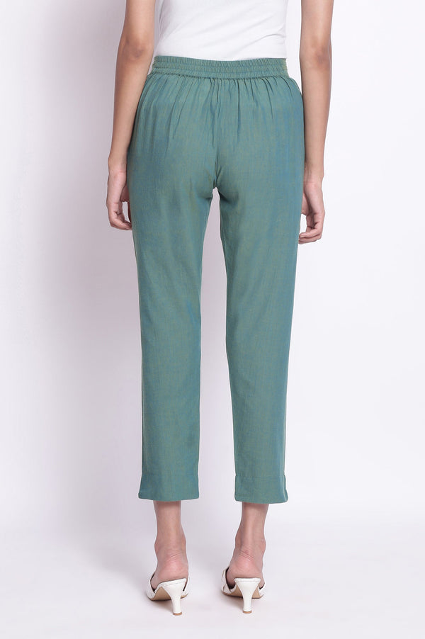 Muted Sage Green Solid Straight Fit Cotton Pants With Elasticated Waistband