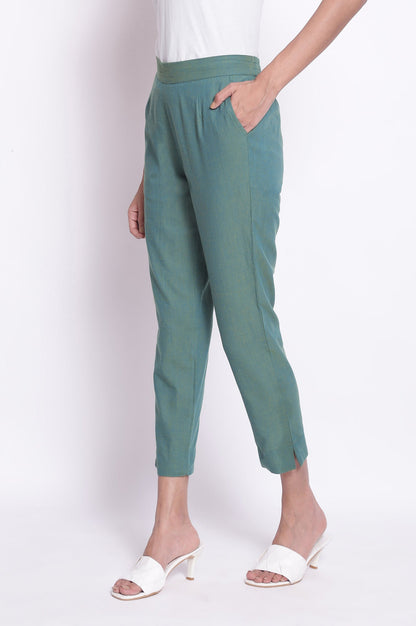 Muted Sage Green Solid Straight Fit Cotton Pants With Elasticated Waistband