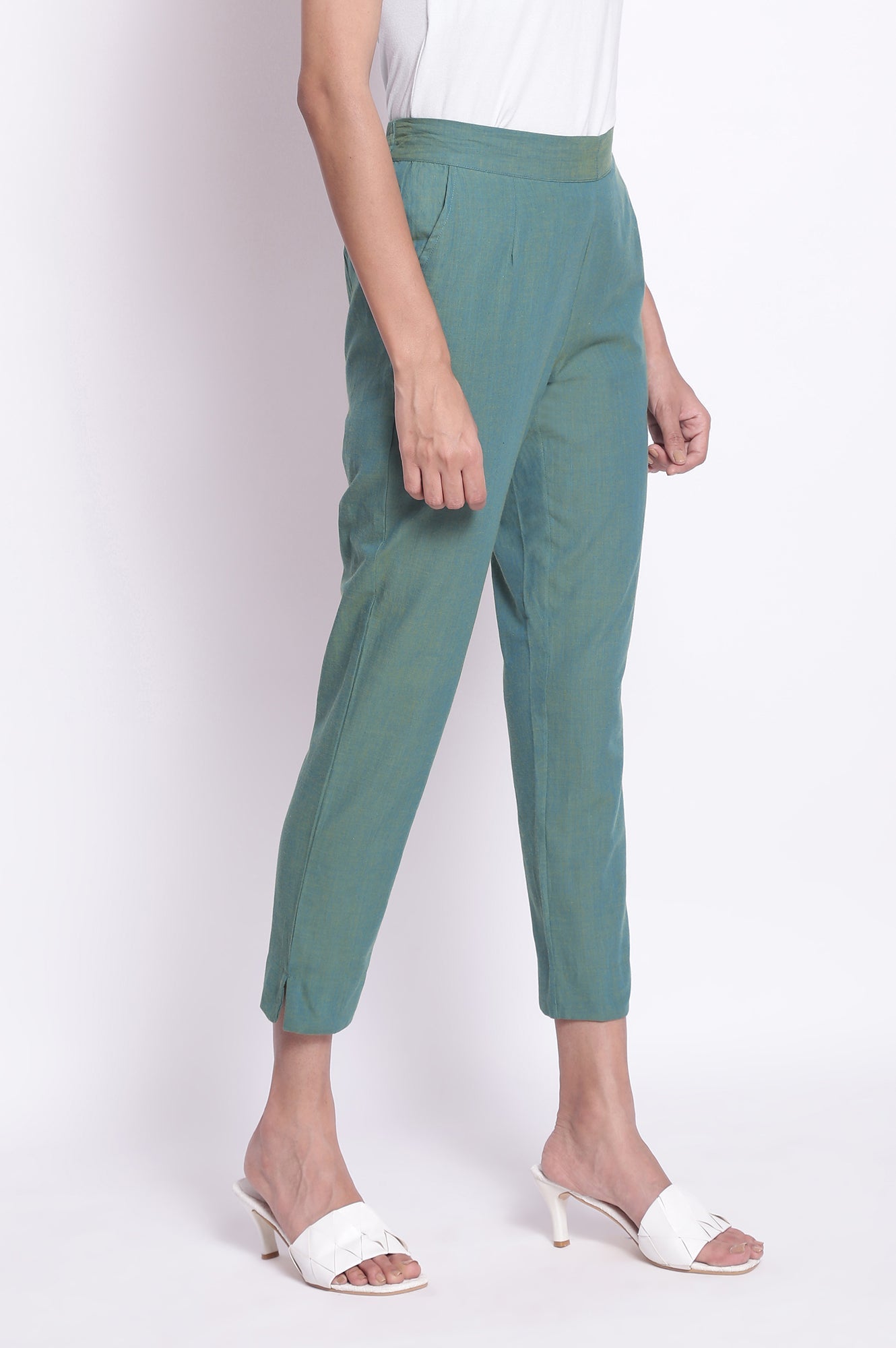 Muted Sage Green Solid Straight Fit Cotton Pants With Elasticated Waistband