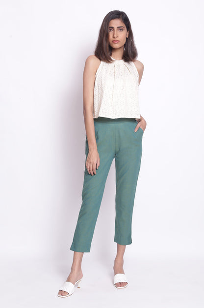 Muted Sage Green Solid Straight Fit Cotton Pants With Elasticated Waistband