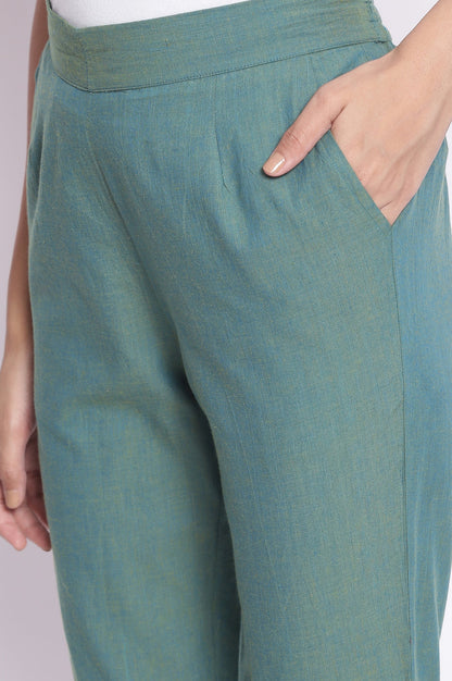 Muted Sage Green Solid Straight Fit Cotton Pants With Elasticated Waistband