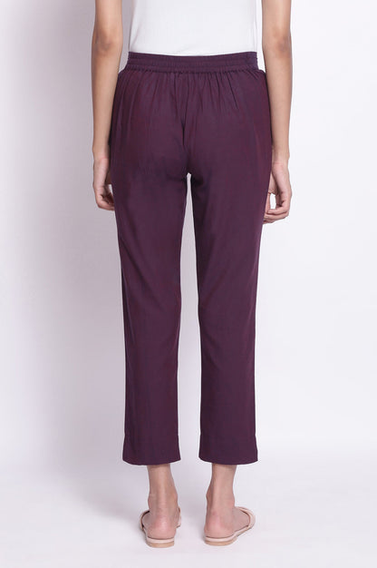 Purple Solid Straight Fit Cotton Pants With Elasticated Waistband