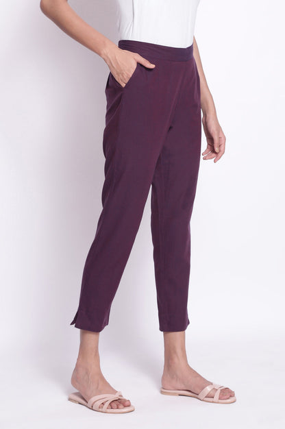 Purple Solid Straight Fit Cotton Pants With Elasticated Waistband