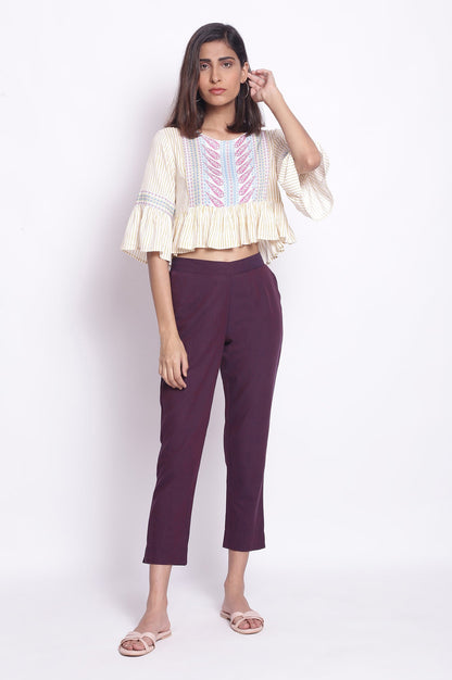 Purple Solid Straight Fit Cotton Pants With Elasticated Waistband