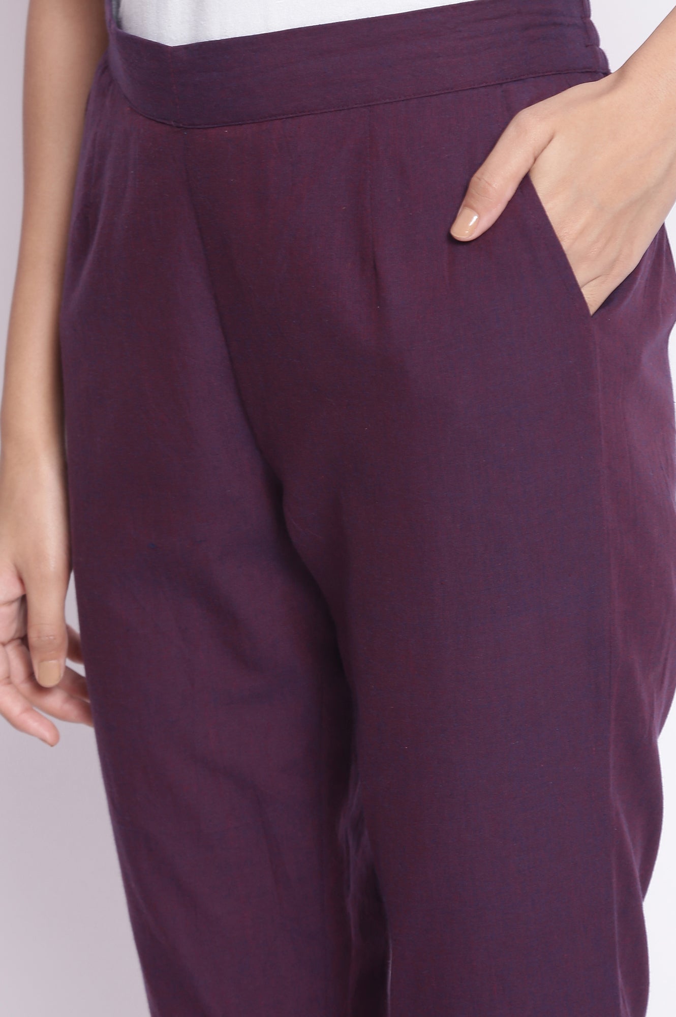 Purple Solid Straight Fit Cotton Pants With Elasticated Waistband