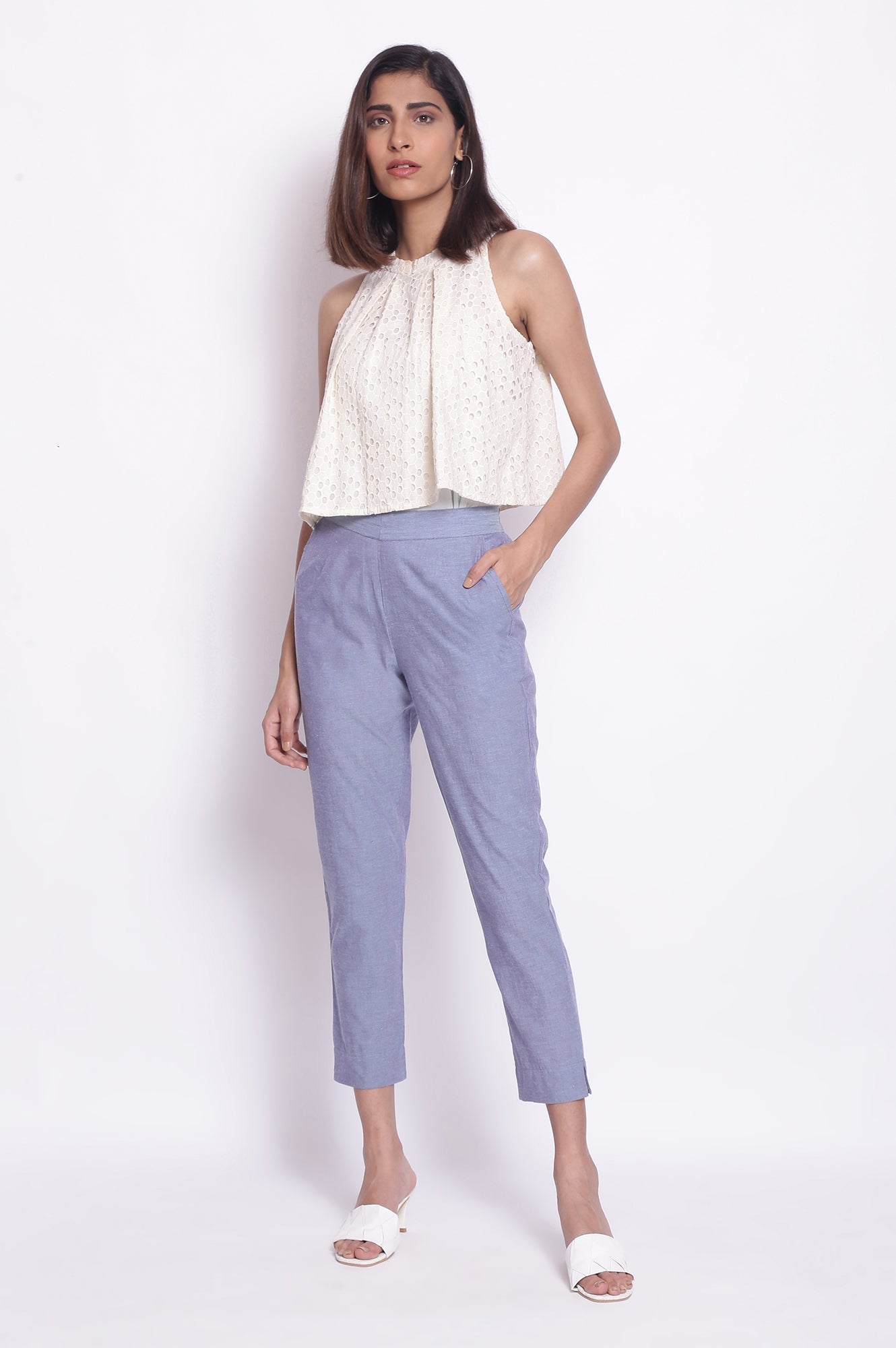 Lilac Solid Straight-fit Cotton Pants with Elasticated Waistband