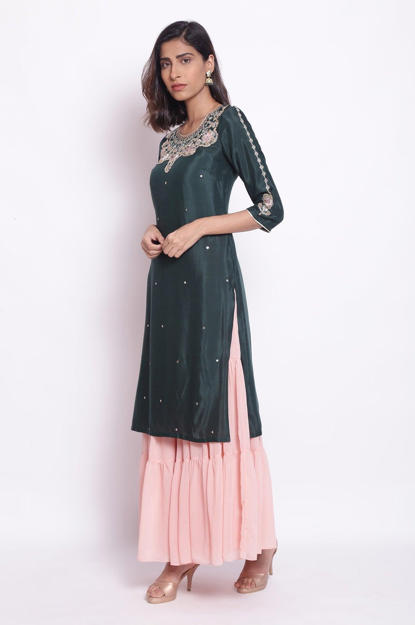 Dark Teal kurta with Embroidered Neck - wforwoman
